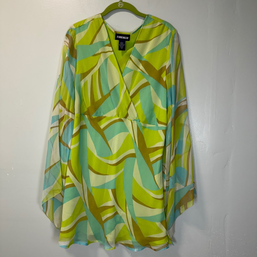 Forenza 100% Silk Abstract Geometric V-Neck Bell Sleeve Tunic Top Lime Green 20